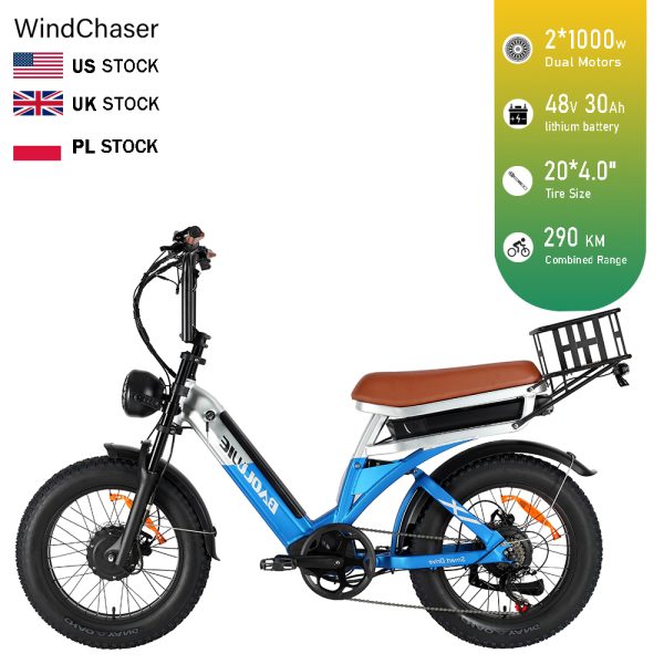 WindChaser electric bicycle features an aluminum alloy frame, equipped with dual 1000W motors, a 48V 30Ah removable battery, and hydraulic disc brakes, achieving a top speed of 50 km/h.
