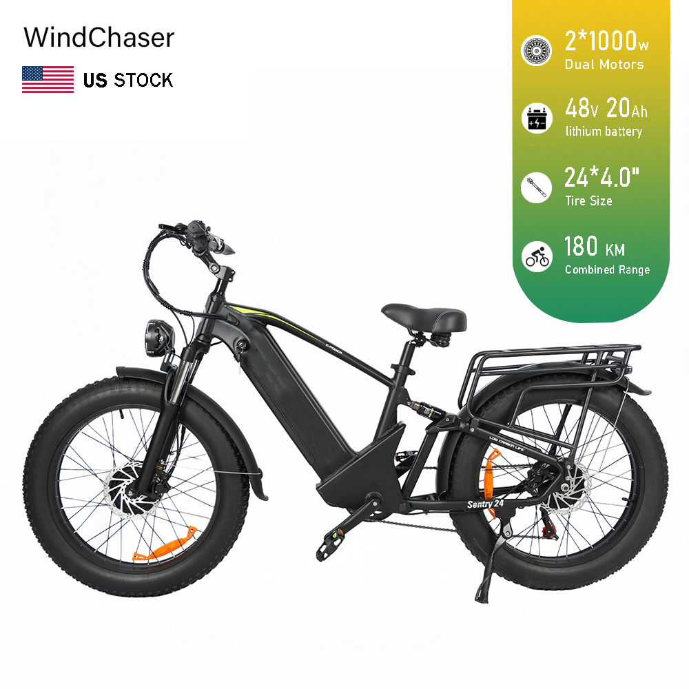 WindChaser electric bicycle features an aluminum alloy frame, equipped with dual 1000W motors, a 48V 20AH removable battery, and hydraulic disc brakes, achieving a top speed of 55 km/h.