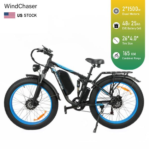 WindChaser electric bicycle features an aluminum alloy frame, equipped with dual 1500W motors, a 48V 25AH removable battery, and hydraulic disc brakes, achieving a top speed of 55 km/h.