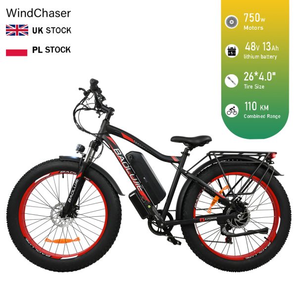 WindChaser electric bicycle features an aluminum alloy frame, equipped with a 750W peak motor, a 48V 13AH removable battery, and dual suspension and braking systems, capable of reaching a maximum speed of 45 km/h.