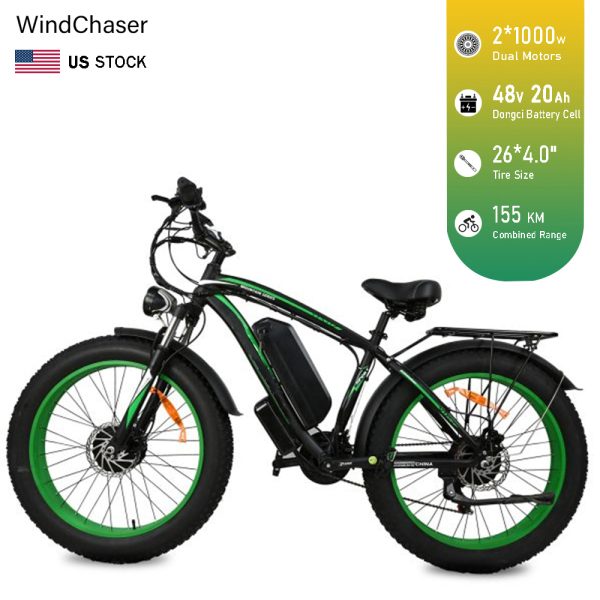 WindChaser electric bicycle features an aluminum alloy frame, equipped with dual 1500W motors, a 48V 23AH removable battery, and hydraulic disc brakes, achieving a top speed of 45 km/h.