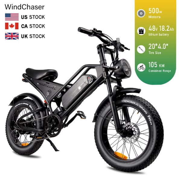 WindChaser electric bicycle features a steel frame, equipped with a 500W brushless motor, a 48V 18.2AH lithium battery, and front and rear disc brakes, achieving a maximum speed of 27 km/h.