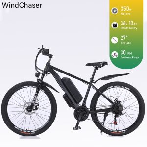 WindChaser electric bicycle features an aluminum alloy frame, equipped with a 350W motor, a 36V 10Ah lithium battery, and a disc brake system, capable of reaching a maximum speed of 30 kilometers per hour.