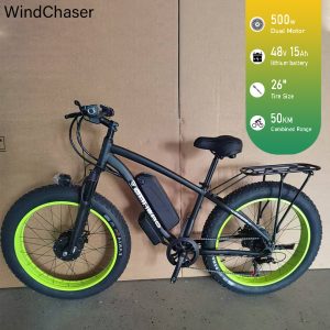 WindChaser electric bicycle features an aluminum alloy frame, equipped with dual 500W motors, a 48V 15Ah lithium battery, and disc brakes, achieving a top speed of 50 km/h.