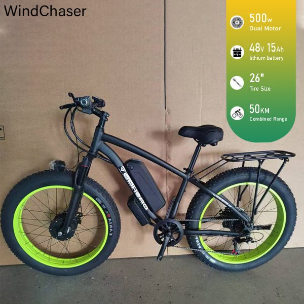 WindChaser electric bicycle features an aluminum alloy frame, equipped with dual 500W motors, a 48V 15Ah lithium battery, and disc brakes, achieving a top speed of 50 km/h.
