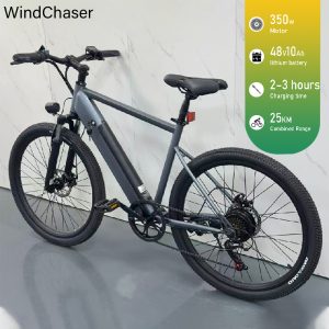 WindChaser electric bicycle features a carbon steel frame, a 350W motor, a 48V 10Ah lithium battery, and a disc brake system, with a maximum speed of 30 km/h.