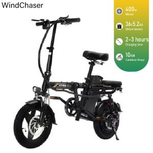 WindChaser electric bicycle features a carbon steel frame, a 400W motor, a 36V 5.2Ah lithium battery, and a disc brake system, with a maximum speed of 20 km/h.