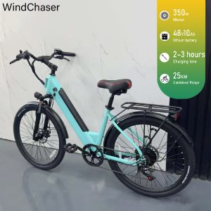 WindChaser electric bicycle features a carbon steel frame, a 350W motor, a 48V 10Ah lithium battery, and a disc brake system, with a maximum speed of 30 km/h.