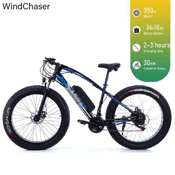 WindChaser electric bicycle features a carbon steel frame, a 350W motor, a 36V 10Ah lithium battery, and a disc brake system, with a maximum speed of 30 km/h.