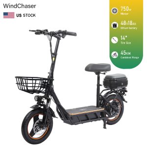 WindChaser electric scooter features an aluminum alloy frame, a 750W brushless motor, a top speed of 28 mph (45 km/h), a range of 28 miles (45 km), and 14-inch inflatable tires. It supports folding for easy storage.