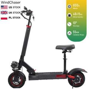 WindChaser electric scooter features an aluminum alloy frame, a 800W brushless motor, a top speed of 28 mph (45 km/h), a range of 34 miles (55 km), and 10-inch off-road inflatable tire. It supports folding for easy storage.