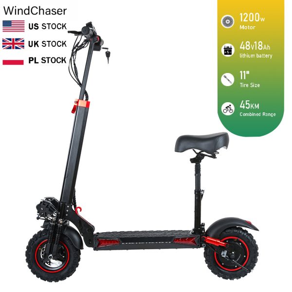 WindChaser electric scooter features an aluminum alloy frame, a 1200W brushless motor, a top speed of 16 mph (50 km/h), a range of 31 miles (45 km), and 11-inch off-road inflatable tire. It supports folding for easy storage.
