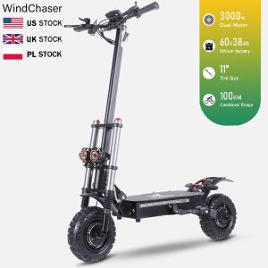 WindChaser electric scooter features an aluminum alloy frame, a 3000W brushless motor, a top speed of 52 mph (85 km/h), a range of 62 miles (100 km), and 11"Off-road vacuum tyre. It supports folding for easy storage.