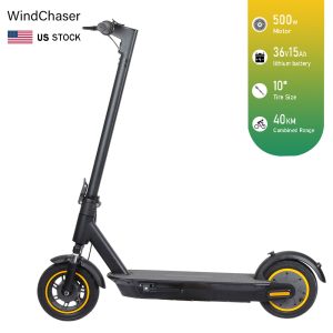 WindChaser electric scooter features an aluminum alloy frame, a 500W brushless motor, a top speed of 21 mph (35 km/h), a range of 24 miles (40 km), and 10 inch inflatable tire. It supports folding for easy storage.