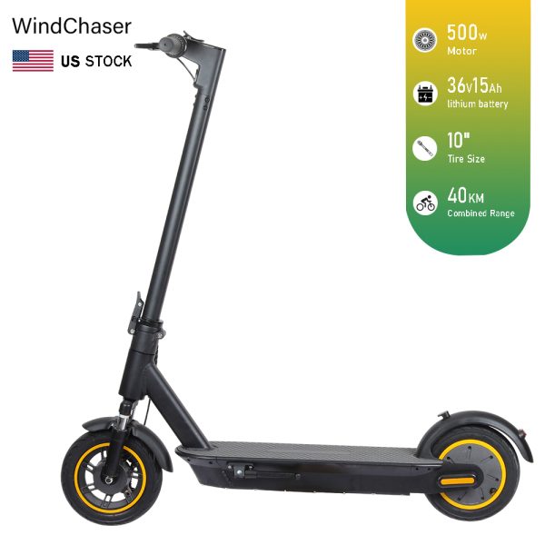 WindChaser electric scooter features an aluminum alloy frame, a 500W brushless motor, a top speed of 21 mph (35 km/h), a range of 24 miles (40 km), and 10 inch inflatable tire. It supports folding for easy storage.