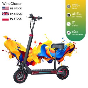 WindChaser electric scooter features an aluminum alloy frame, a 1200W brushless motor, a top speed of 34 mph (55 km/h), a range of 37 miles (60 km), and 11-inch off-road inflatable tire. It supports folding for easy storage.