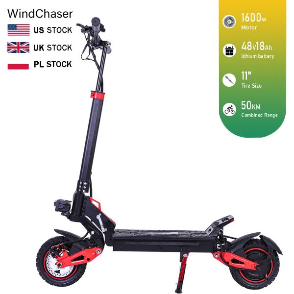 WindChaser electric scooter features an aluminum alloy frame, a 1600W brushless motor, a top speed of 31 mph (50 km/h), a range of 31 miles (50 km), and 11"Off-road vacuum tyre. It supports folding for easy storage.