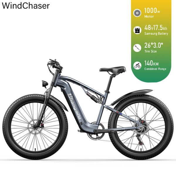 WindChaser electric bicycle features an aluminum alloy frame, equipped with a 1000W brushless motor, a 48V 17.5AH Samsung battery, and dual front and rear disc brakes, achieving a maximum speed of 42 km/h.
