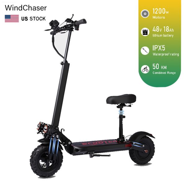 WindChaser Electric Scooter feature an aluminum alloy frame, 1200W brushless motor, top speed 34 mph, range 31 miles, 11-inch off-road tires, foldable.