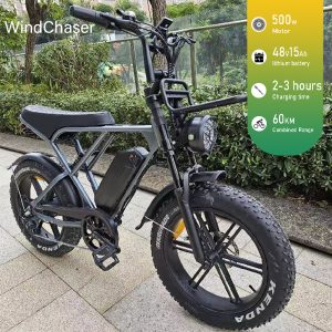 WindChaser electric bicycle features a carbon steel frame, a 500W motor, a 48V 15Ah lithium battery, and a disc brake system, with a maximum speed of 50 km/h.