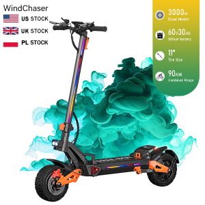 WindChaser electric scooter features an aluminum alloy frame, a 3000W*2 brushless motor, a top speed of 50 mph (80 km/h), a range of 56 miles (90 km), and 11-inch off-road inflatable tire. It supports folding for easy storage.