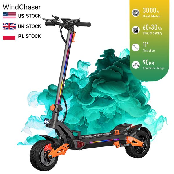 WindChaser electric scooter features an aluminum alloy frame, a 3000W*2 brushless motor, a top speed of 50 mph (80 km/h), a range of 56 miles (90 km), and 11-inch off-road inflatable tire. It supports folding for easy storage.