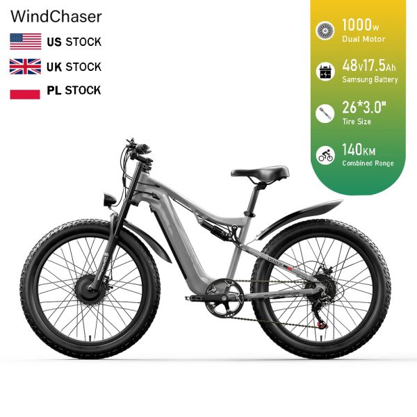 WindChaser electric bicycle features an aluminum alloy frame, equipped with dual 1000W brushless motors, a 48V 17.5AH Samsung battery, and a hydraulic disc brake system with front and rear cut-off functionality, achieving a maximum speed of 48 km/h.