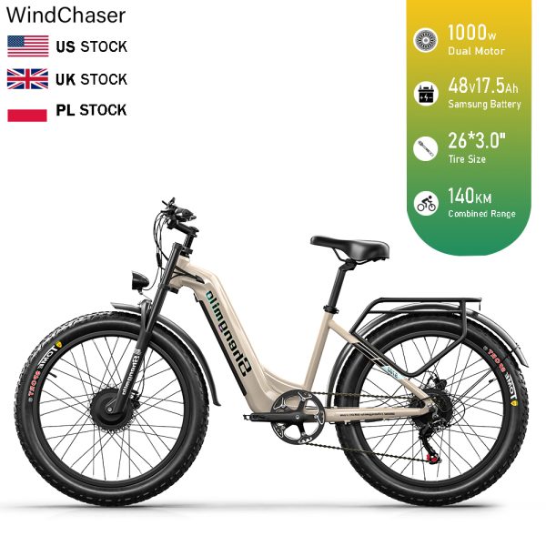 WindChaser electric bicycle features an aluminum alloy frame, dual 1000W brushless motors, a 48V 17.5AH Samsung battery, and a hydraulic oil brake system with front and rear cut-off functionality, achieving a maximum speed of 48 km/h.