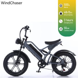 WindChaser electric bicycle features a carbon steel frame, a 500W motor, a 48V 15Ah lithium battery, and a disc brake system, with a maximum speed of 50 km/h.
