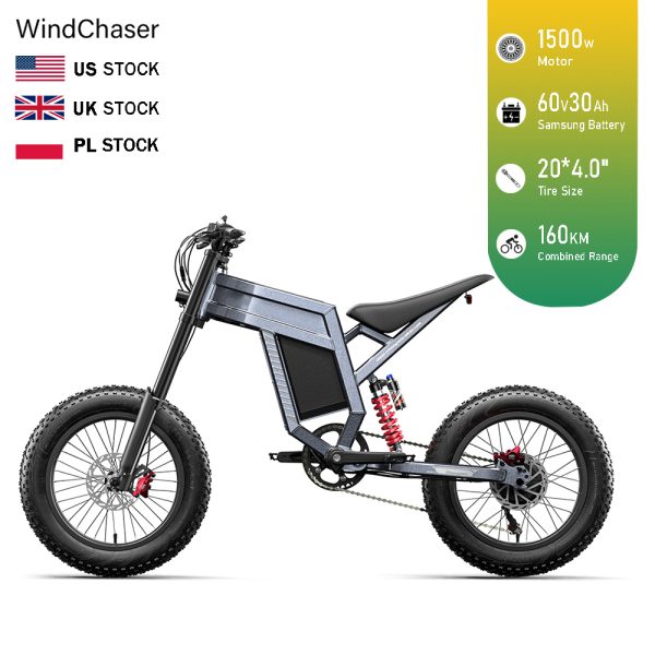 WindChaser electric motorcycle features an aluminum alloy frame, 1500W brushless motors, a 60V 30AH Samsung battery, and a hydraulic oil brake system with power-off functionality, achieving a top speed of 67 km/h.