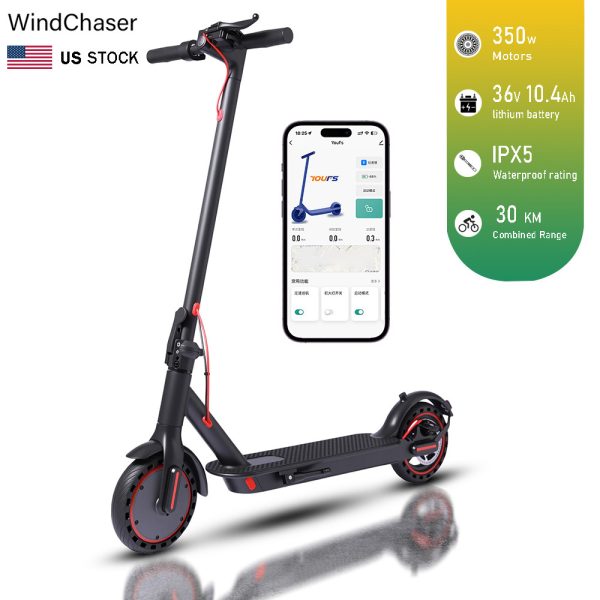WindChaser Electric Scooter feature an aluminum alloy frame, 350W brushless motor, top speed 18 mph, range 18 miles, equipped with 8.5-inch puncture-resistant tires, foldable.