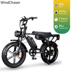 WindChaser electric bicycle features a carbon steel frame, a 500W motor, a 48V 15Ah lithium battery, and a disc brake system, with a maximum speed of 50 km/h.