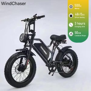 WindChaser electric bicycle features a carbon steel frame, a 500W motor, a 48v15ah lithium battery, and a disc brake system, with a maximum speed of 50 km/h.