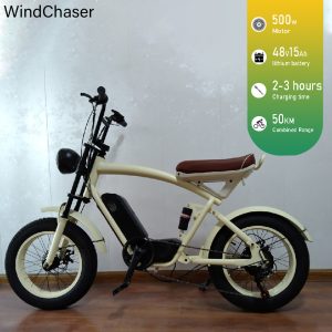 WindChaser electric bicycle features a carbon steel frame, a 500W motor, a 48V 15Ah lithium battery, and a disc brake system, with a maximum speed of 50 km/h.