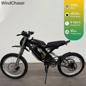 WindChaser electric bicycle features a carbon steel frame, a 3000W motor, a 48V 24Ah lithium battery, and a disc brake system, with a maximum speed of 80 km/h.