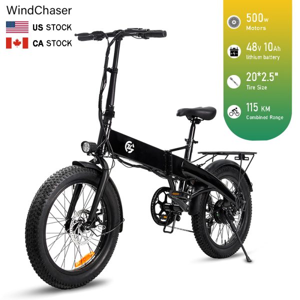WindChaser electric bicycle features a steel frame, equipped with a 500W brushless motor, a 48V 10AH lithium battery, and a single-push disc brake system, capable of reaching a maximum speed of 24 km/h