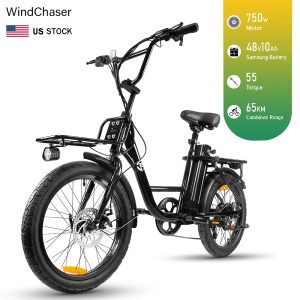 WindChaser electric bicycle features a steel frame, dual 750W motors, a 48V 10AH lithium battery, and a single-push disc brake system, achieving a top speed of 67 km/h.