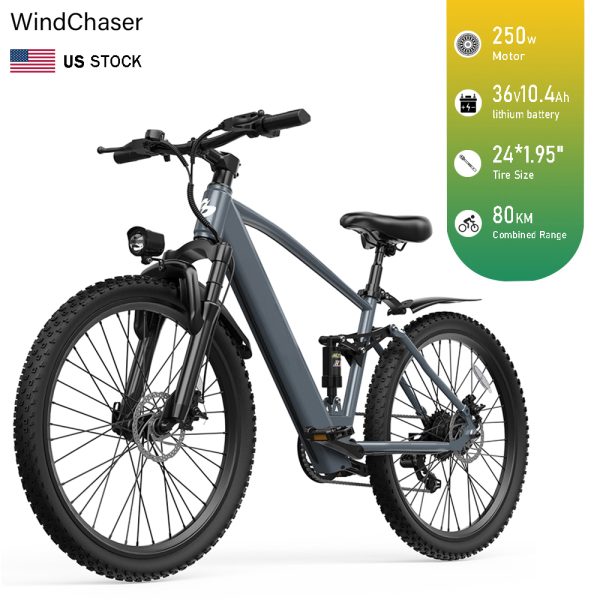 WindChaser electric bicycle features a steel frame, equipped with a 250W motor, a 36V 10.4Ah lithium battery, and a single-piston mechanical disc brake system, capable of reaching a maximum speed of 25 km/h.