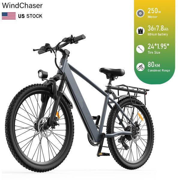 WindChaser electric bicycle features a steel frame, equipped with a 250W motor, a 36V7.8Ah lithium battery, and a single-piston mechanical disc brake system, capable of reaching a maximum speed of 25 km/h.
