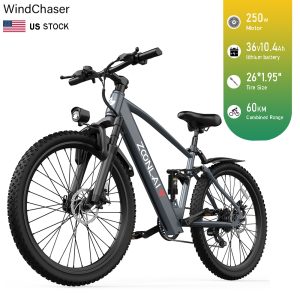 WindChaser electric bicycle features a steel frame, equipped with a 250W motor, a 36V 10.4Ah lithium battery, and front and rear mechanical disc brakes, capable of reaching a maximum speed of 25 km/h.