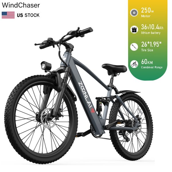 WindChaser electric bicycle features a steel frame, equipped with a 250W motor, a 36V 10.4Ah lithium battery, and front and rear mechanical disc brakes, capable of reaching a maximum speed of 25 km/h.