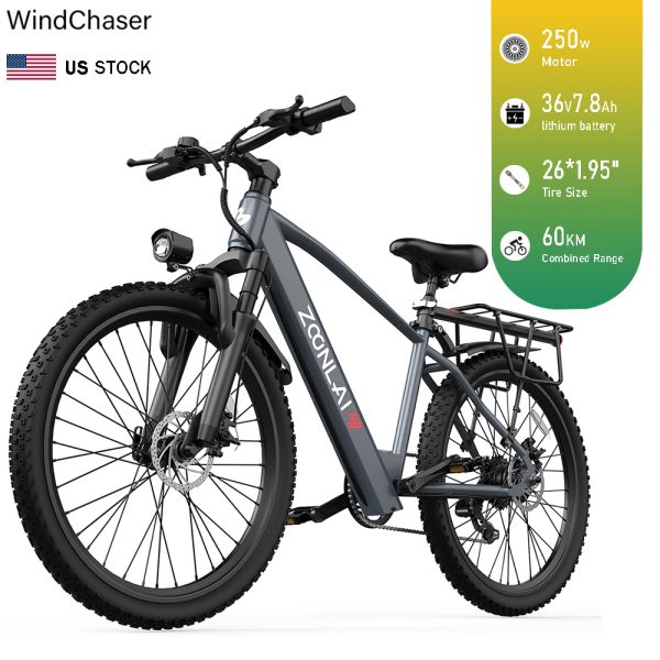 WindChaser electric bicycle features a steel frame, equipped with a 250W motor, a 36V7.8Ah lithium battery, and front and rear mechanical disc brakes, achieving a maximum speed of 25 km/h.