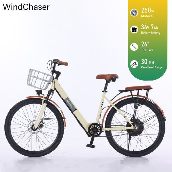 WindChaser electric bicycle features a carbon steel frame, a 250W motor, a 36V 7Ah lithium battery, and a disc brake system, with a maximum speed of 30 km/h.