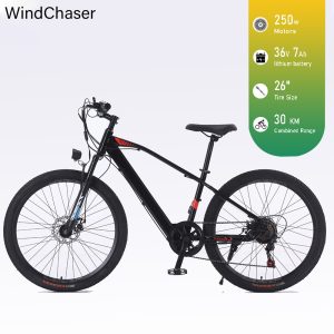 WindChaser electric bicycle features a carbon steel frame, a 250W motor, a 36V 7Ah lithium battery, and a disc brake system, with a maximum speed of 30 km/h.