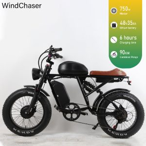 WindChaser electric bicycle features a carbon steel frame, a 750W motor, a 48v35ah lithium battery, and a disc brake system, with a maximum speed of 80 km/h.
