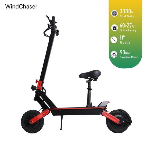 The WindChaser electric scooter features a high-carbon steel frame, two 3300W brushless motors, a top speed of 55 mph (90 km/h), a range of 55 miles (90 km), and 11-inch off-road tires. It is foldable for easy storage.